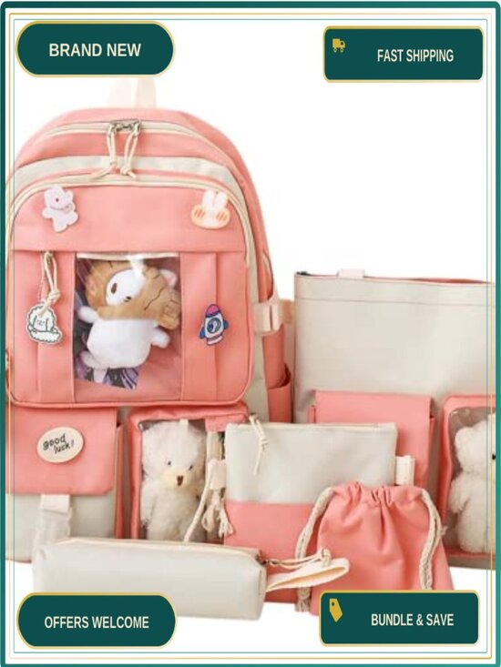 Kawaii Waterproof Nylon 5-Piece Backpack Set with Cute Plush Pendants